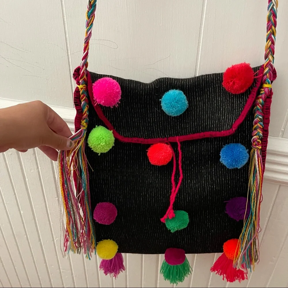 Handmade Mexican Pom Pom Crossbody Bag - Picture 2 of 11